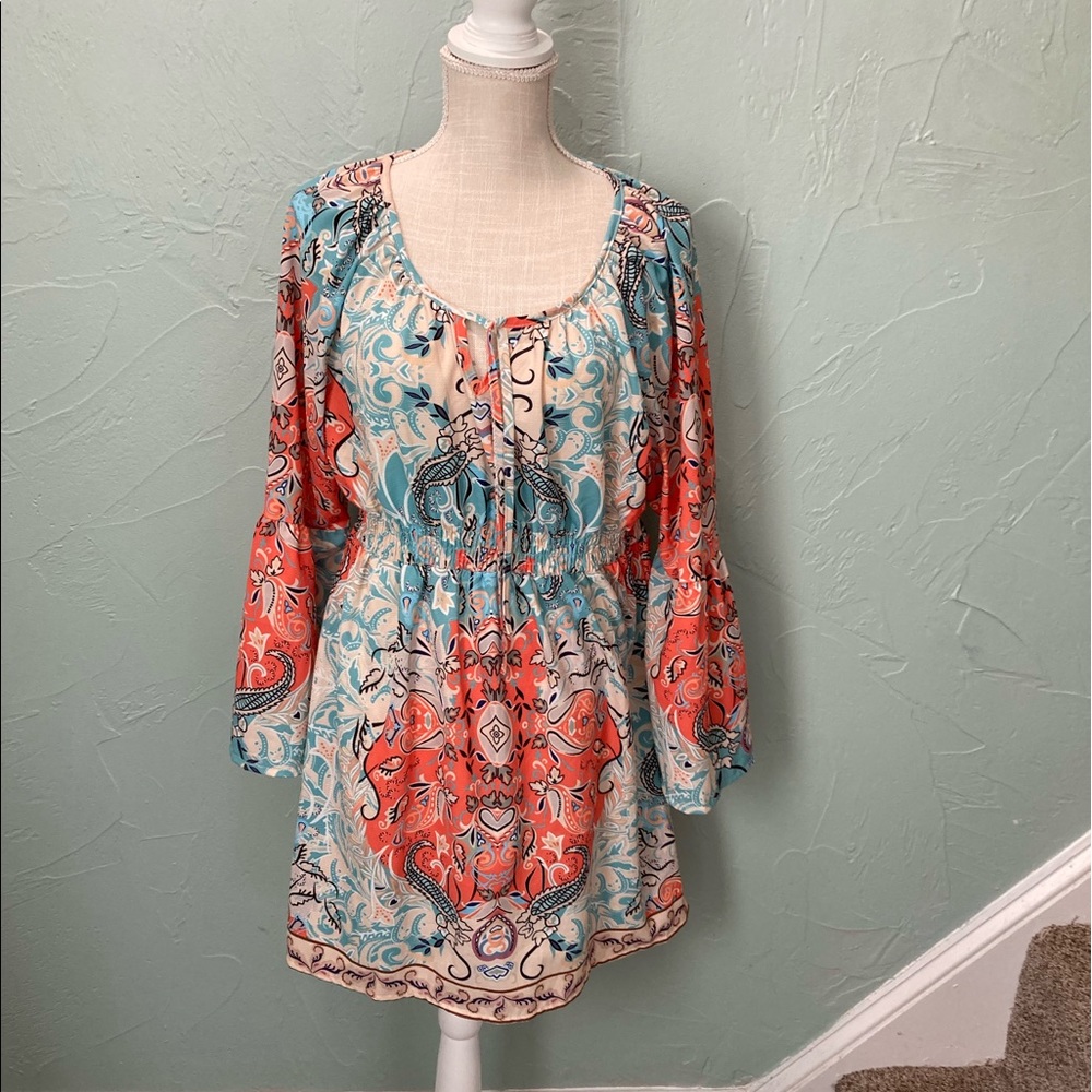 Blouse
Cream/Blue/Orange 
L